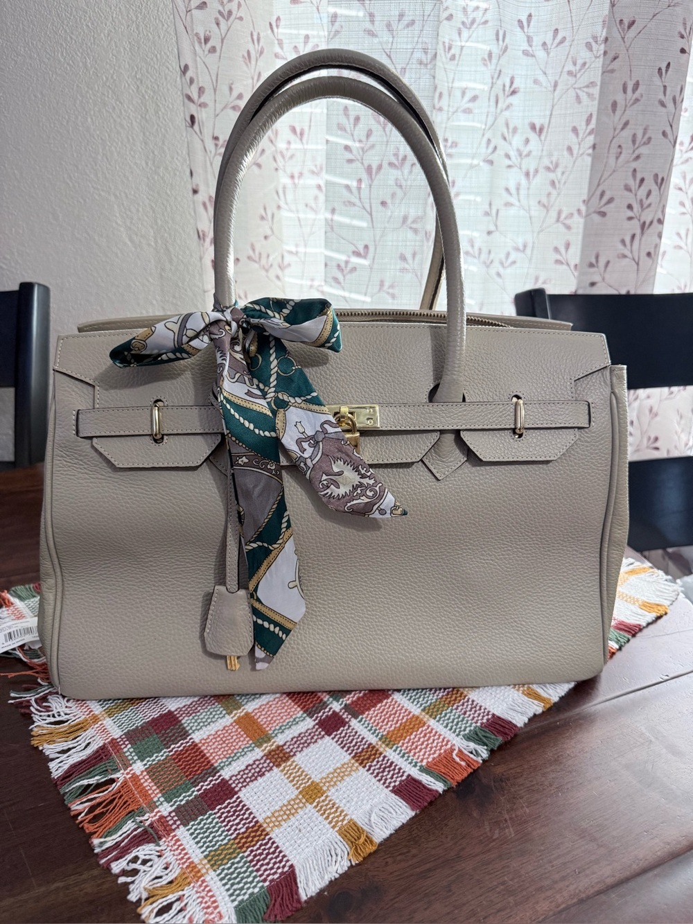 Elegant Beige Handbag with Scarf Accent